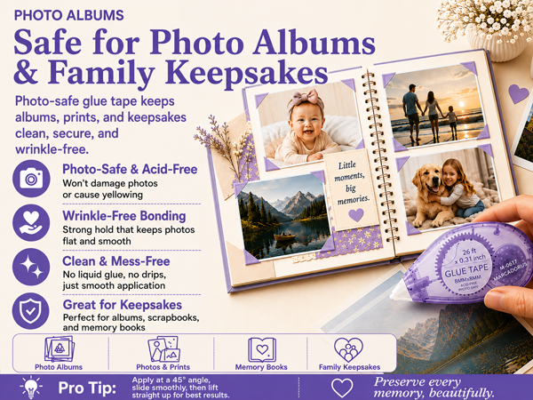 Photo safe glue tape for photo albums prints and keepsakes