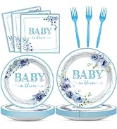 96Pcs Baby In Bloom Baby Shower Party Supplies Blue Flower Paper Plates Napkins Floral Baby Showe...
