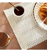 ZeeMart Macrame Style Boho Placemats Set of 4, Ivory Decorative Natural Farmhouse Cotton Woven Pl...