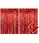 2 Pack Red Metallic Foil Fringe Curtain Backdrop Streamers 3.2ft x 6.4ft. Party Decoration for Bi...