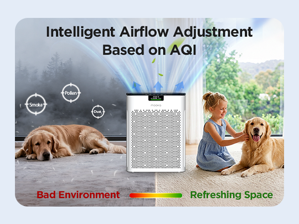 Automatic air purifier with smart sensor adjusts fan speed for fast cleaning in smoky spaces