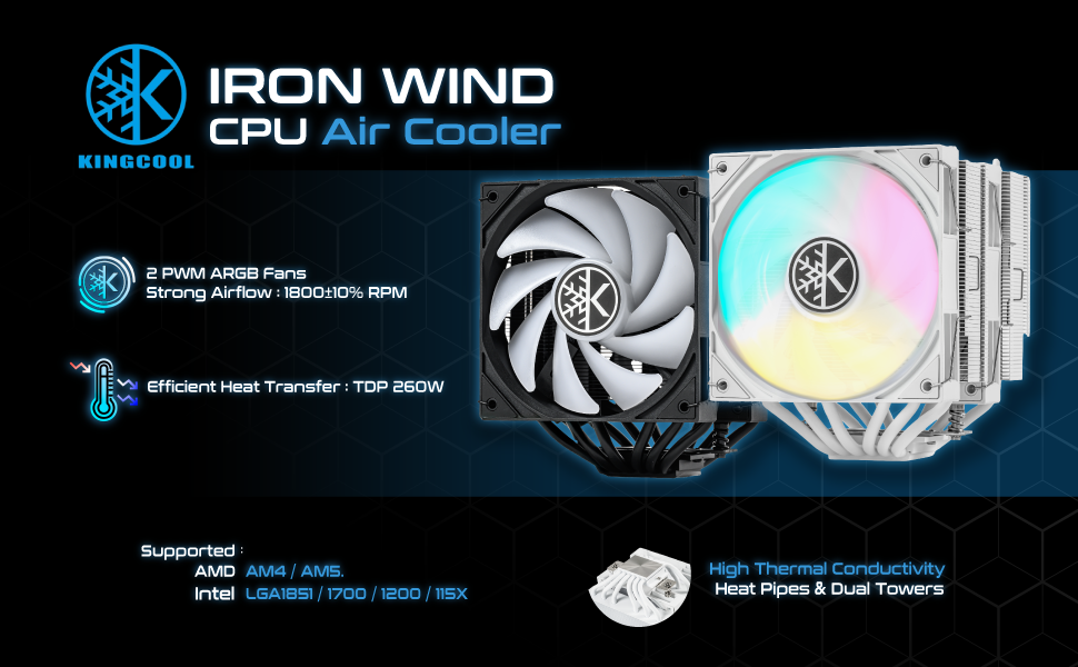 Introducing the KINGCOOL Iron Wind ARGB CPU Air Coolor. There are 2 colors for this CPU air cooler