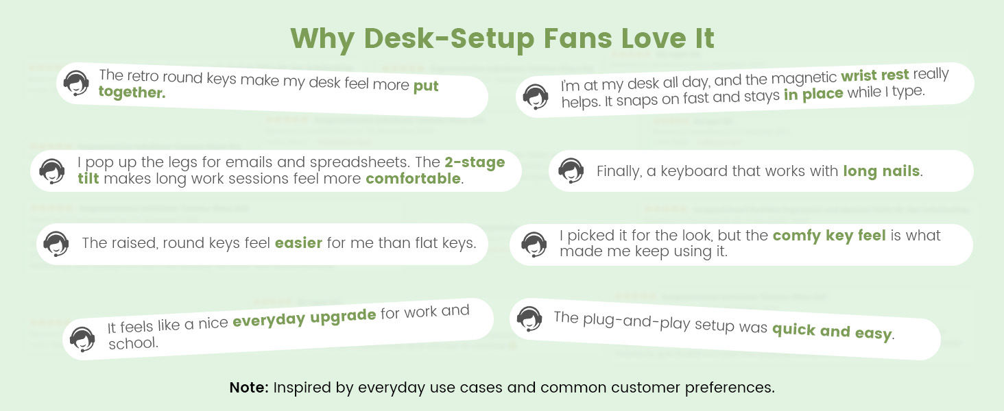 Green retro keyboard highlights round keys, magnetic wrist rest, and easy setup.
