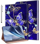 Tablet case with decorative butterfly design on deep blue background. Features gold and purple butterflies, stylus pen, and folding stand functionality. Displays tablet with blue abstract wallpaper.