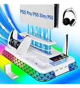 PS5/Slim/Pro Stand and Cooling Station with LED Controller Charging Station for PlayStation 5 Con...