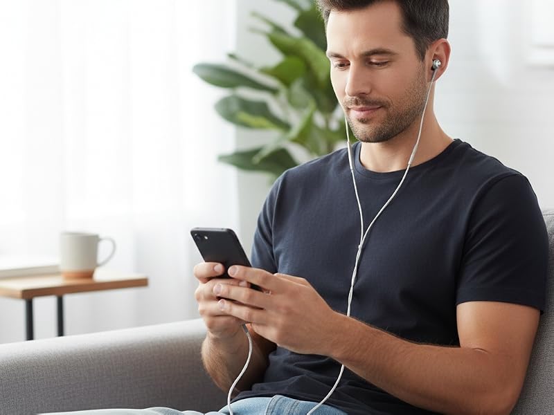 Man using silver metal in-ear wired headphones with braided cable and 3.5mm jack