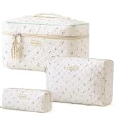 HBselect Quilted Makeup Bag, 3PCS Cotton Large Travel Makeup Bag, Cute Floral Coquette Make up Ba...