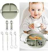 Baby Plates with Suction Silicone Divided Baby Plates Baby Spoons Silicone Baby Safety Toy Straps...
