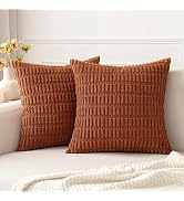 MIULEE Pack of 2 Dark Rust Corduroy Decorative Fall Pillow Covers 18x18 Inch Soft Boho Striped Th...