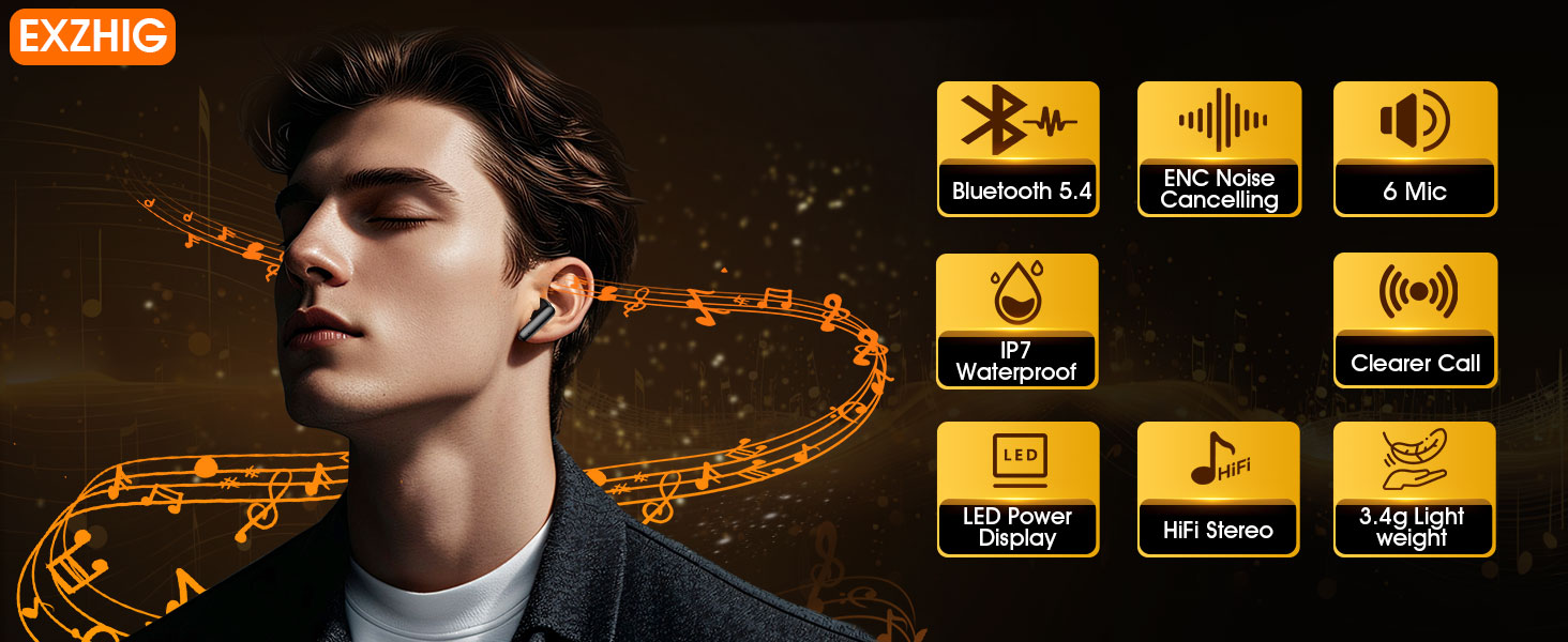 A handsome guy wearing earbuds, surrounded by many musical notes.