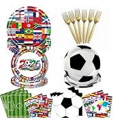 WRXVVTSV 96PCS Soccer Party Supplies for 24 Guests – 9” International Flag Plates, 7” Soccer Ball...