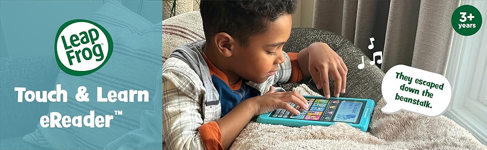 Kid reads with LeapFrog Touch & Learn eReader. eReader: They escaped down the beanstalk. 3+ years.