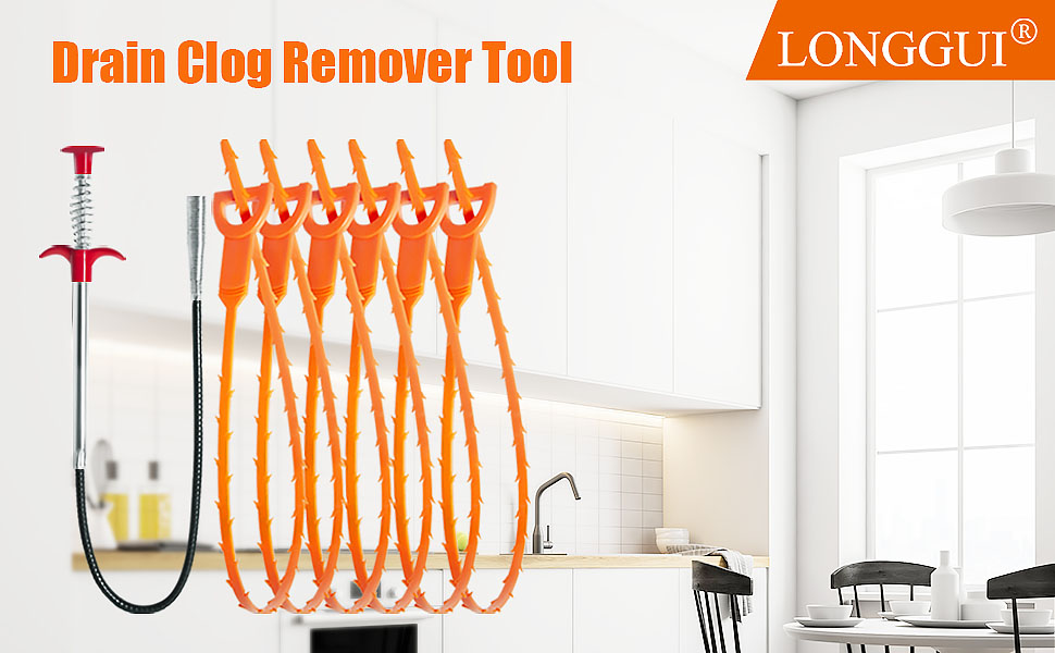 The display of drain clog remover tool products in the kitchen