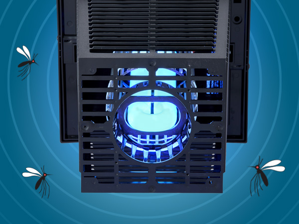 Underside og bug zapper showing bright blue lightbulb with bugs flying around