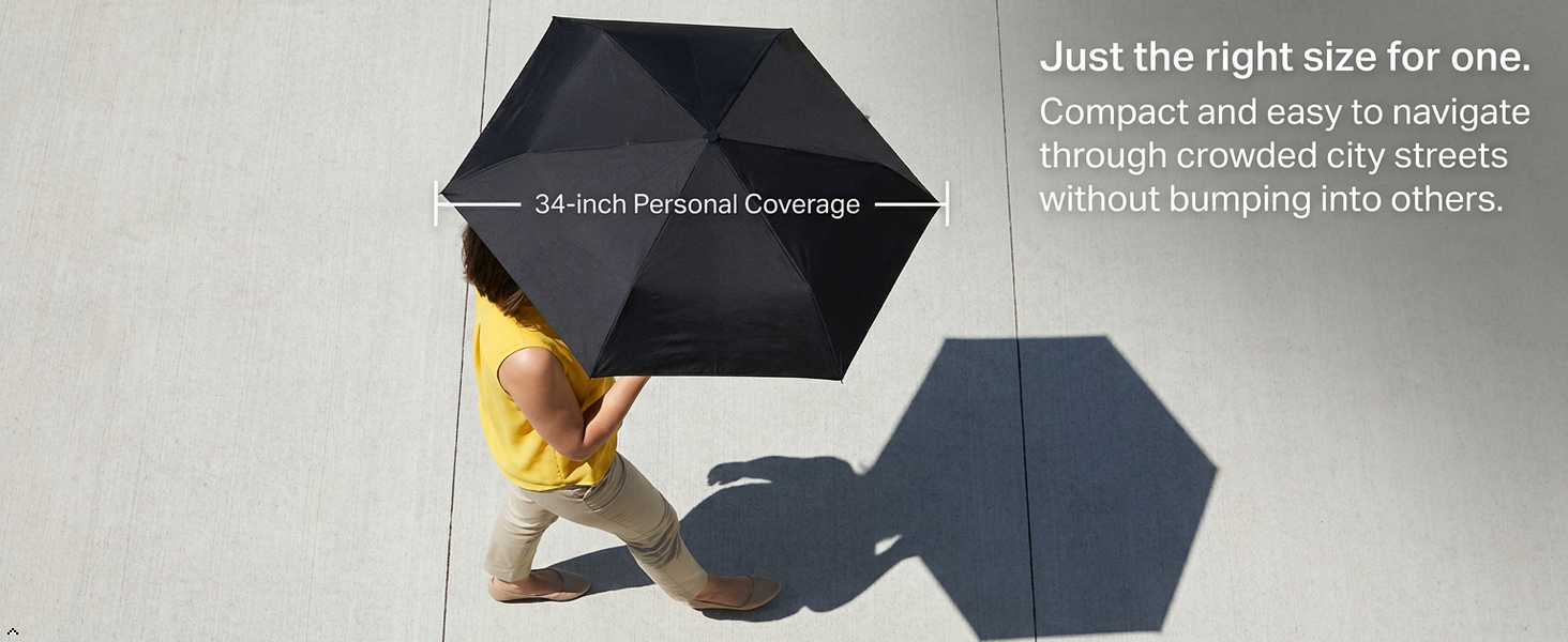 Aerial view woman with 34-inch GAOYAING umbrella, labeled personal coverage on urban pavement