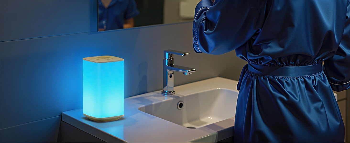 Soft glare-free night light illuminating a bathroom vanity for safe midnight bathroom trips.