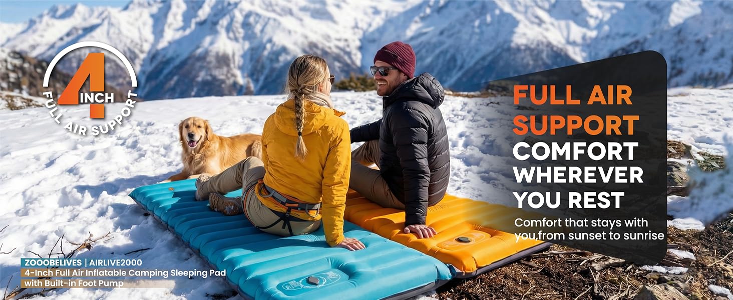 Airlive2000 pads in winter camp scene, built-in foot pump, 4-inch air support.