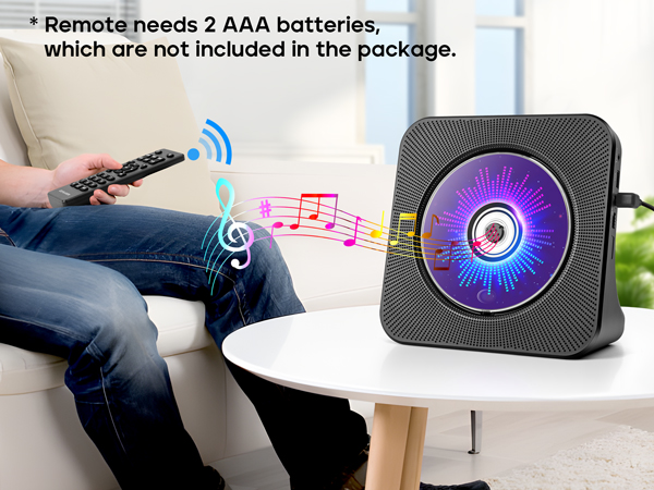 CD player with remote control for easy wireless operation from sofa in living room