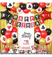 Casino Theme Party Decorations, Red Black Gold Poker Balloons Happy Birthday Banner Cake Topper S...