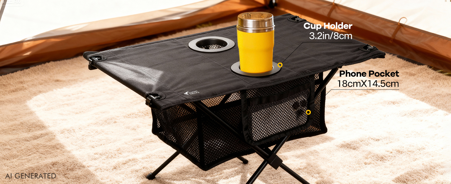 The top of camping side table has 2 cup holders and hold your cup or can securely.