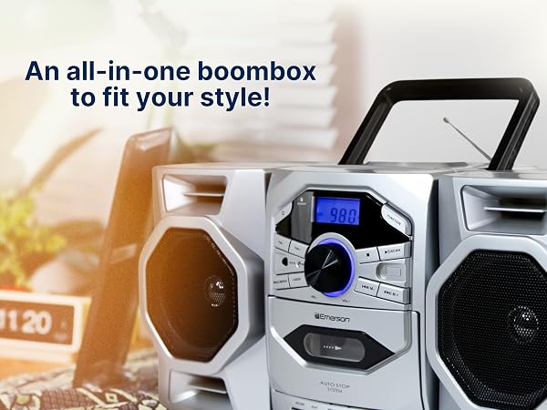 Emerson Stereo Boombox with CD Player, Cassette Play and Record, AM/FM Radio, and carrying handle