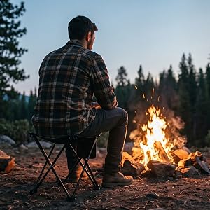 Folding camping stool in use at a forest campfire at dusk.