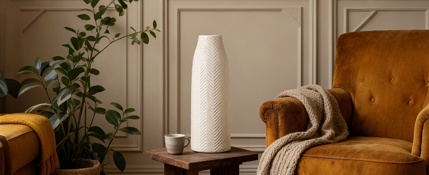 large white ceramic vase, slender shape, unique texture andretro design