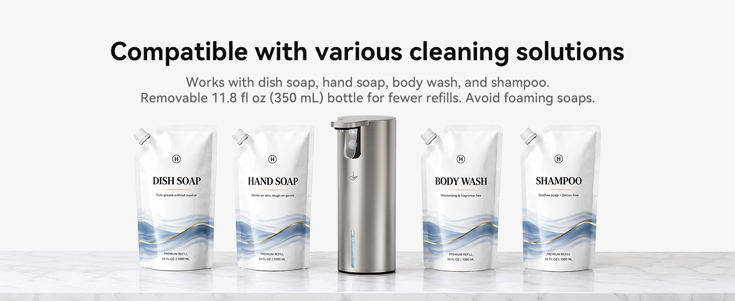 Works with dish soap, hand soap, body wash or shampoo, good for kitchen and bathroom use.