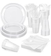 Aodaer 200 Pieces Clear Party Supplies Disposable Dinnerware Set Include Plastic Plates Cups Kniv...