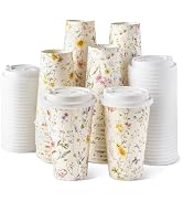 Nihuecne 50 Pack 16 oz Spring Floral Disposable Paper Coffee Cups with Snap-on Lids, Cute Floral ...