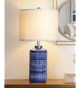 JUNNAI 24.5" Navy Blue Table Lamp Modern Bedside Ceramic Lamps for Living Room 3-Way Dimmable Ent...