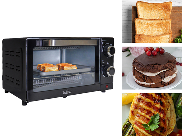 Total Chef toaster oven with pictures of toast, cake, and chicken beside it