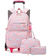 YJMKOI 3PCS Heart Print Rolling Backpack for Girls Colorful Elementary Trolley School Bags Kids B...