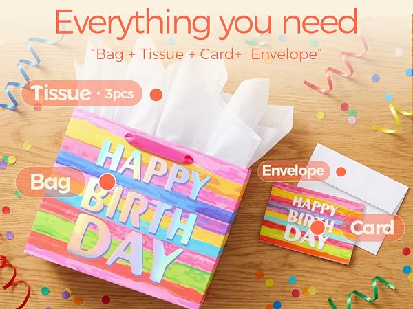 SUNCOLOR Large Happy Birthday Gift Bag with Tissue Paper & Card, 13 x 10.2 x 4.7 Inches