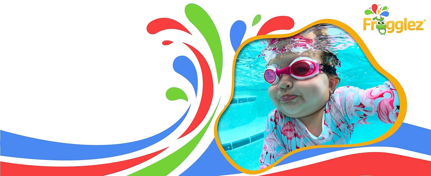 Toddler-friendly swim goggles; soft pink neoprene strap stays secure on little heads in the pool.