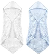 MUKIN Baby Hooded Towels, Muslin Cotton, 2-Pack, for Newborn, Infant, Toddler and Kids (White,Blue)