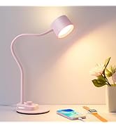 Cute Desk Lamp with USB C + A Charging Port, 5 Colors Dimmable Reading Lamps, Minimalist Pink Lam...