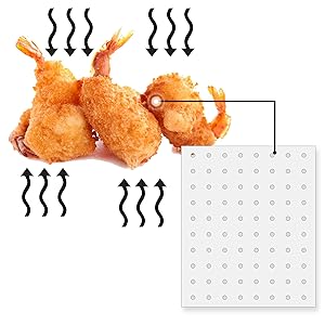 perforated toaster oven liners next to crispy shrimp