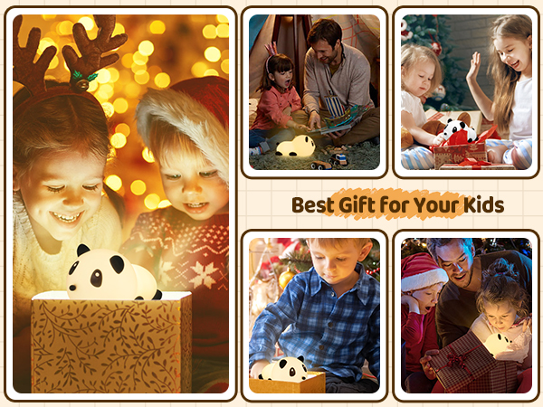 a collage of photos of a family opening a christmas present.
