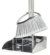 Metal Dustpan and Heavy Duty Broom Set, Stand Up Dustpan with Outdoor Stiff Bristles Broom for Ha...