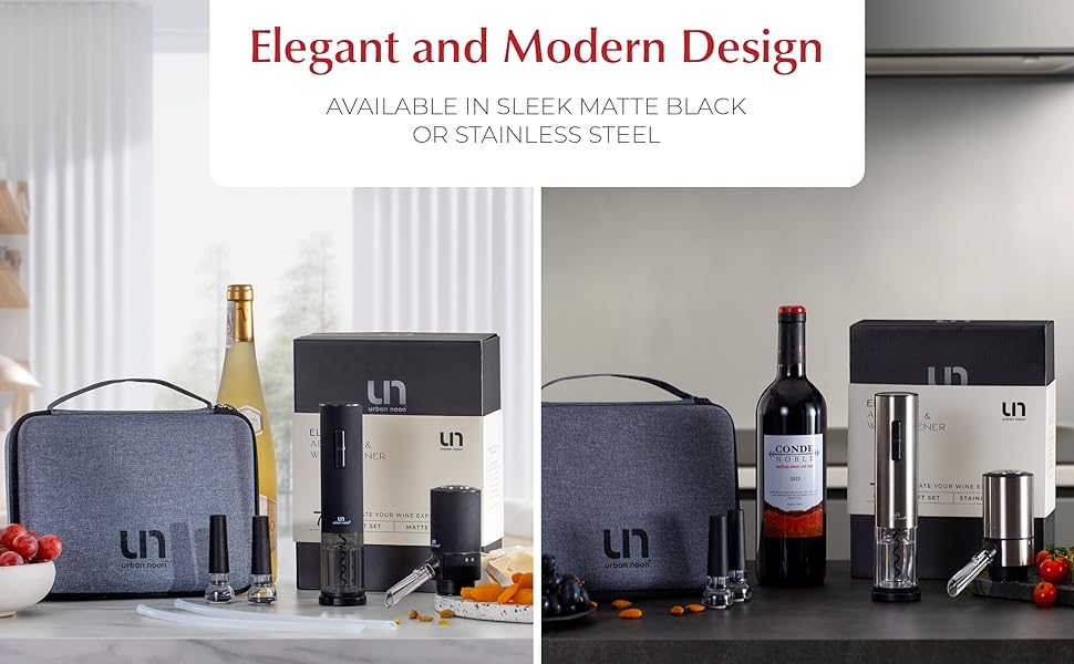 a split image showing the complete wine aerator set in black matte finish and stainless steel