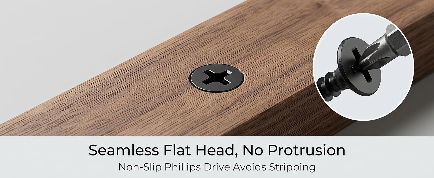 Flat head flush with wood surface, anti-strip Phillips drive design.