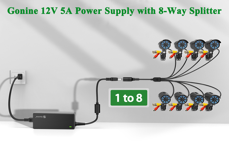 Gonine 12V 5A Power Supply with 8-Way Splitter