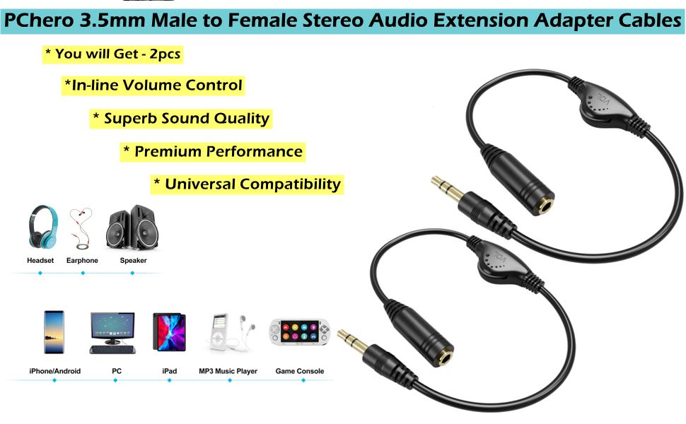 3.5mm Stereo Audio Cable Extension Male to Female for Headphones Home Car Stereos
