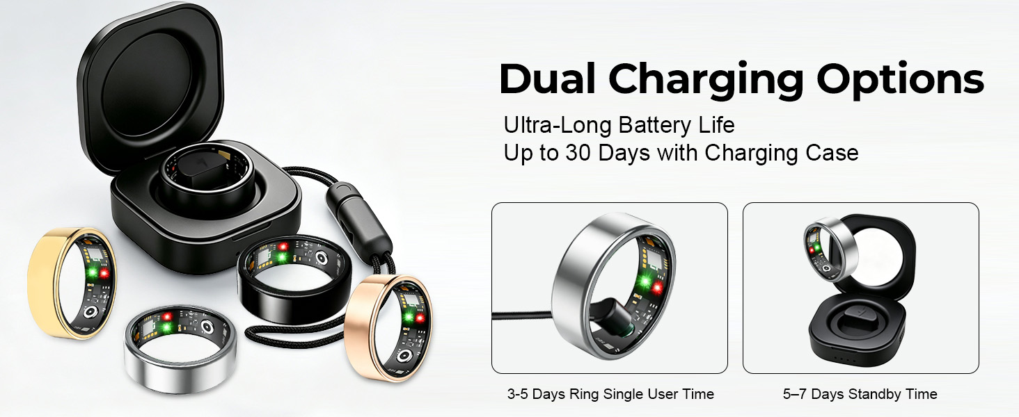 Smart ring with dual charging options, long battery life and charging case for daily use.