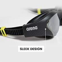 arena The One swim goggle closeup with details on wide design and construction
