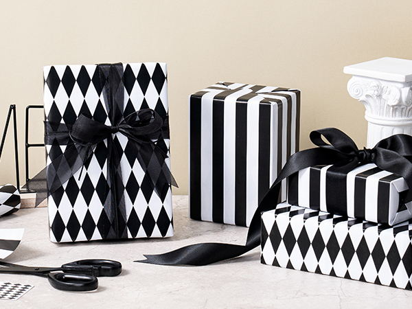 Black & White Stripes and Diamond Pattern Reversible Wrapping Paper