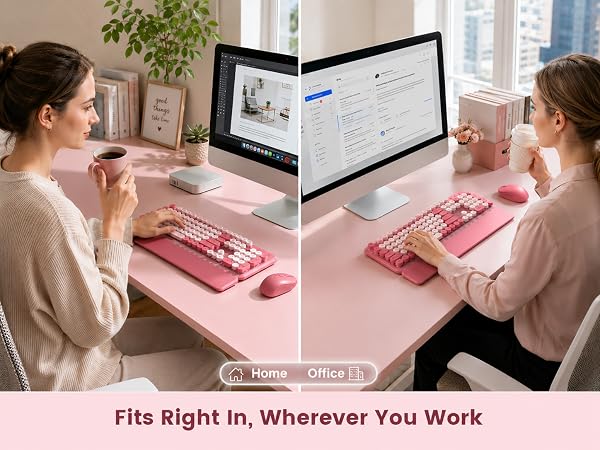 Pink round-key keyboard and matching mouse with wrist rest used in home and office desk setups.
