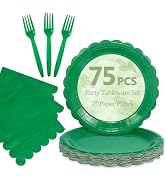Mulbozy 75 Green Plates and Napkins Disposable Set Includes 25 Dessert Cake Scalloped Plates, Coc...