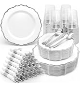 350PCS Sliver Plastic Dinnerware Set for 50 Guests, Disposable Fancy Baroque Gold Rim Plastic Pla...